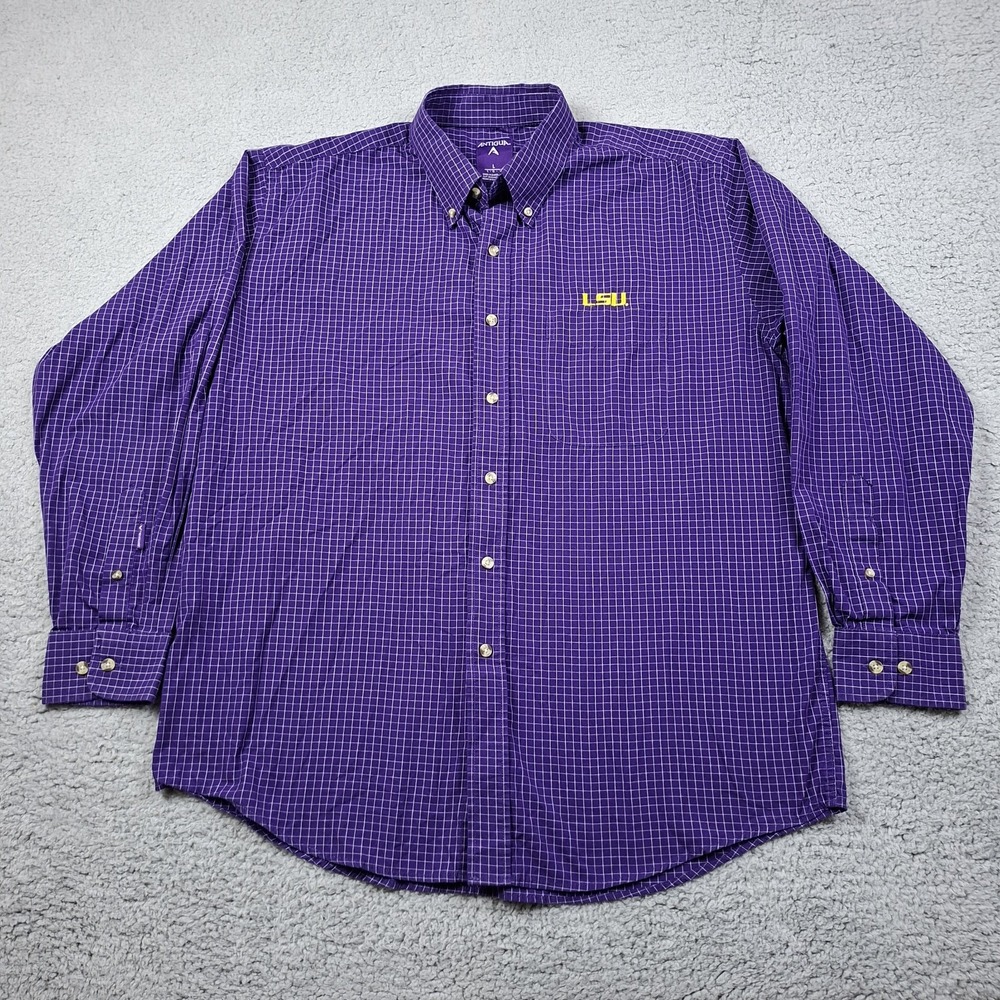 LSU Long Sleeve Button Up Shirt Purple Mens Size L Windowpane Plaid NCAA Tigers